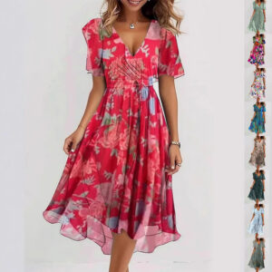 Robe à col en V à imprimé floral - Robes d'été évasées à manches courtes pour femmes
