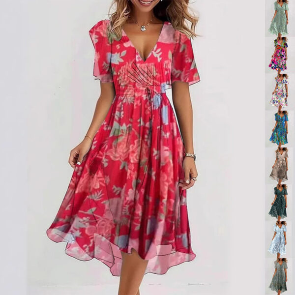 Robe à col en V à imprimé floral - Robes d'été évasées à manches courtes pour femmes