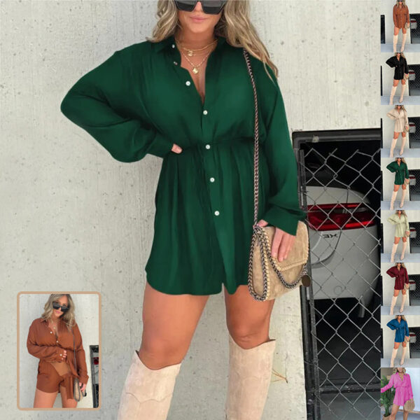 Combinaison à manches longues pour femme, style robe-chemise tendance à boutons