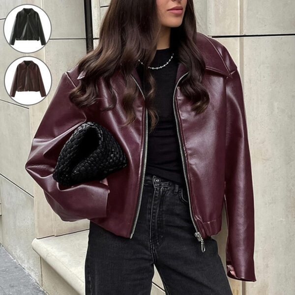 Veste à col et fermeture éclair, couleur unie – Manteau en cuir décontracté à manches longues – Hauts – Vêtements pour femmes