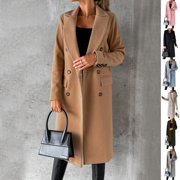 Manteau à double boutonnage et revers – Mode d'hiver – Veste longue unie et ajustée – Hauts à manches longues – Vêtements pour femmes