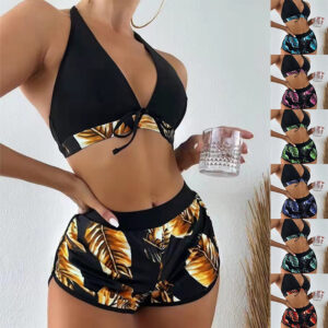 Lot de 3 bikinis à imprimé feuillage avec short – Maillot de bain d'été tendance pour la plage – Vêtements pour femmes