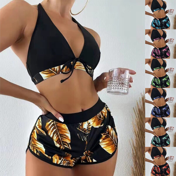 Lot de 3 bikinis à imprimé feuillage avec short – Maillot de bain d'été tendance pour la plage – Vêtements pour femmes