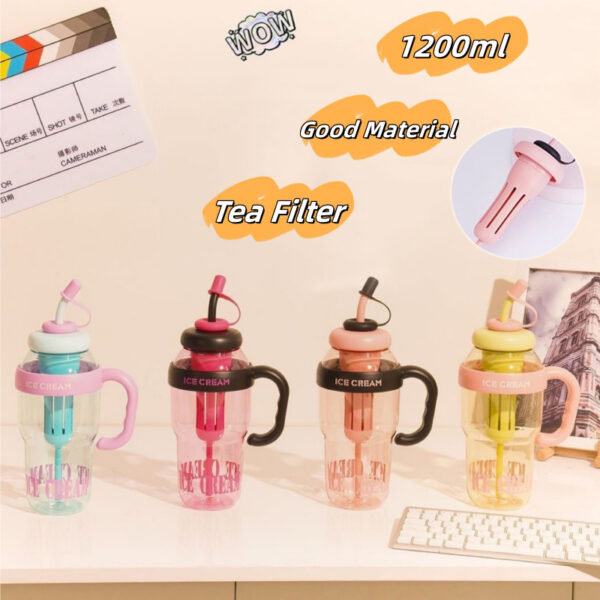 Bouteille d'eau en plastique avec paille, gobelet à motif de dessin animé, gobelet à boire, bouteille d'eau portable de 1 200 ml, gadgets de cuisine