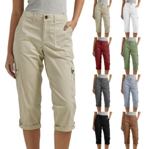 Pantalon court décontracté uni - Pantalon capri à taille haute et poches multiples pour femme, idéal pour un usage quotidien