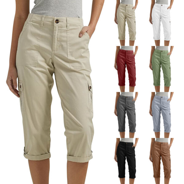 Pantalon court décontracté uni - Pantalon capri à taille haute et poches multiples pour femme, idéal pour un usage quotidien
