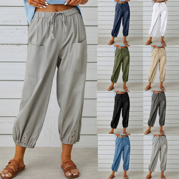 Pantalon pour femme à cordon de serrage, printemps-été, en coton et lin, avec poches et bouton