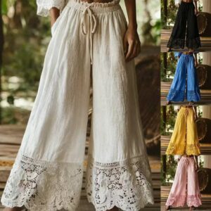 Pantalon pour femme tendance, uni et orné de dentelle