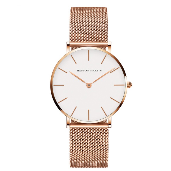 Montre pour femme Hannah Martin en acier inoxydable avec bracelet maillé, 36 mm, mouvement à quartz japonais de haute qualité, couleur or rose, étanche