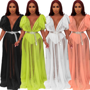 Robe longue de soirée en maille transparente à épaules tombantes – Robe de soirée sexy de style européen et américain
