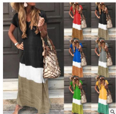 Jupe longue à manches courtes pour femme, col en V, multicolore, avec surpiqûres