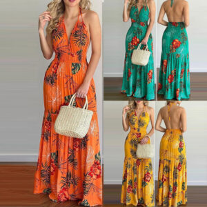 Nouvelle robe longue de fête pour femme, style européen et américain, à col licou, imprimé « Halter »