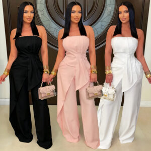 C7800 Cross-border 2026 : nouvelle tenue élégante pour femme, composée d'un haut tube ajusté à la taille et d'un pantalon à taille haute et jambes larges, idéale pour les trajets quotidiens et les dîners.
