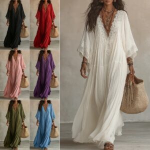 Robes d'été élégantes unies pour femme : robes longues décontractées à col en V et bordures en dentelle, robes longues fluides pour la plage, les vacances et les soirées