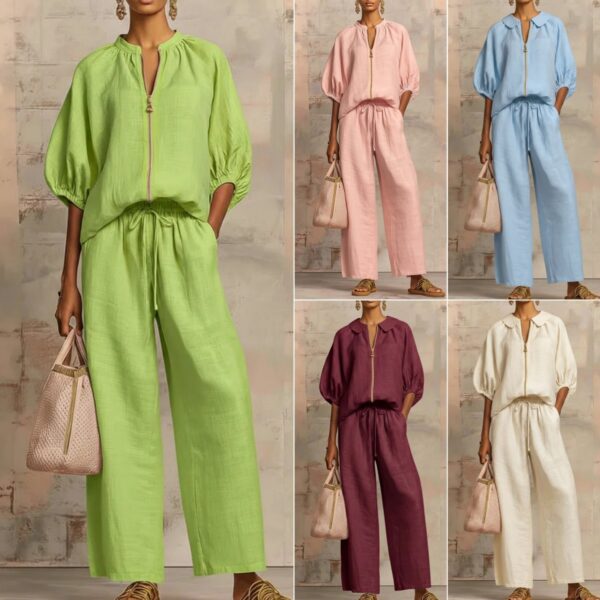 Ensemble composé d'un sweat-shirt ample de couleur unie à fermeture éclair et d'un pantalon droit