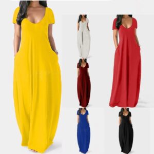 Robe longue d'été décontractée et sexy, unie, à col en V profond et manches courtes