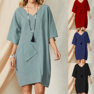 Jupe courte à poches, nouveau style, en coton et lin, robe décontractée grande taille, couleur unie, vêtements pour femmes