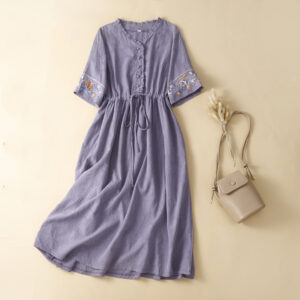 Robe mi-longue à manches courtes pour femme, avec cordon de serrage et broderies
