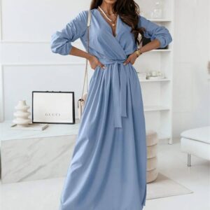 Robe mode à manches longues, cintrée à la taille, au style affirmé