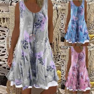 Jupe mi-longue, gilet imprimé, robe deux-pièces imitation