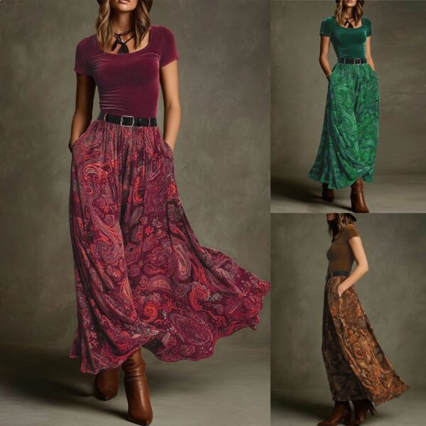 Jupe longue taille haute à imprimé bohème Paisley avec poches, jupe longue évasée à taille élastique, robe d'été de vacances pour femme, robe longue