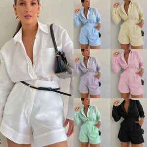 Ensemble été 2026 pour femme, tendance et très vendu en Europe et aux États-Unis : short décontracté et chemise à manches longues