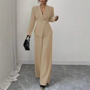 Ensemble pour femme : pantalon à jambes droites et manches longues, de couleur unie