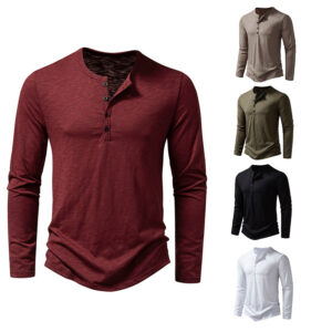 T-shirt à manches longues pour homme, style décontracté, couleur unie, à enfiler par la tête, avec boutons, pour l'automne et le printemps
