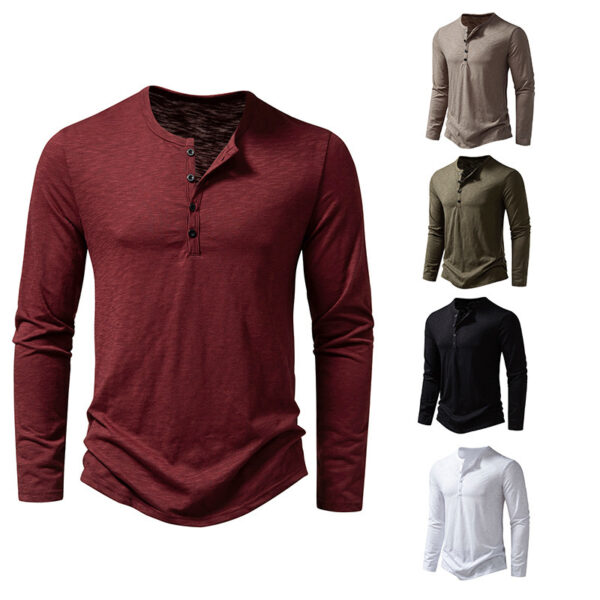 T-shirt à manches longues pour homme, style décontracté, couleur unie, à enfiler par la tête, avec boutons, pour l'automne et le printemps