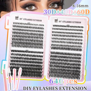 Lot de 640 faux cils segmentés, regroupés en 32 rangées