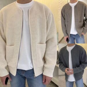 Cardigan tricoté à fermeture éclair pour homme, pull à col cheminée doublé, poches, manteau toutes saisons, confortable, doux, manches longues