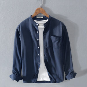 Chemise en coton à manches longues pour jeunes, style tendance, col montant, couleur unie, coupe simple