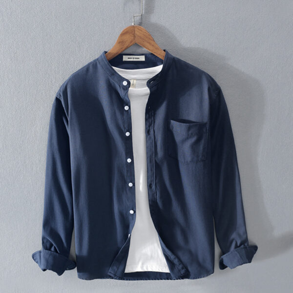 Chemise en coton à manches longues pour jeunes, style tendance, col montant, couleur unie, coupe simple