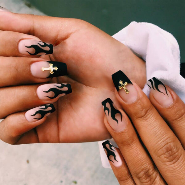 Petits ongles artificiels « Ballet Black Flame » à l'ancienne, patchs pour ongles imperméables et amovibles