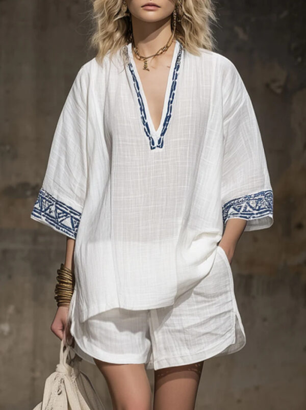 Ensemble pour femme 2026, en vente sur un site indépendant d'Amazon à l'international, style bohème, en lin imprimé, avec haut à col en V et manches courtes et short