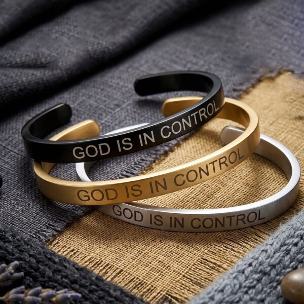 Bracelet ouvert réglable en acier inoxydable avec inscription « GOD IS IN CONTROL » gravée au laser