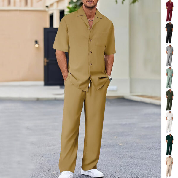 Pantalon pour homme, costume, chemise à col, boutons et manches courtes, pantalon droit, vêtements