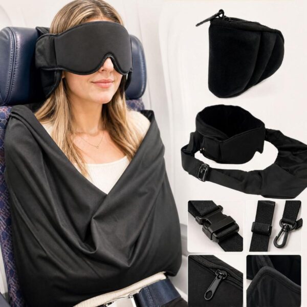 Oreiller de voyage multifonctionnel et respirant avec masque pour les yeux - Coussin de soutien cervical portable pour l'avion, la voiture et le train