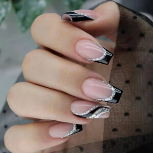 Autocollant pour ongles « French » noir pailleté, de forme carrée et de longueur moyenne