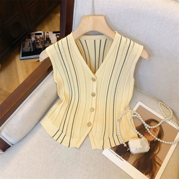 Cardigan rétro en maille sans manches à col en V - Débardeur d'été fin pour femme