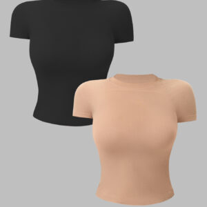 Hauts de sport sans coutures à manches courtes pour femme, t-shirts de sport courts à col rond, manches raglan et coupe ajustée, t-shirts de gym et de yoga à séchage rapide, lot de 2