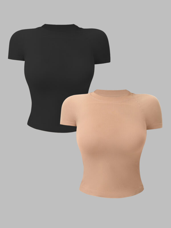 Hauts de sport sans coutures à manches courtes pour femme, t-shirts de sport courts à col rond, manches raglan et coupe ajustée, t-shirts de gym et de yoga à séchage rapide, lot de 2