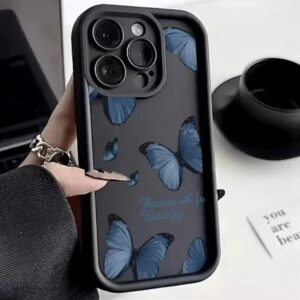 Coque de téléphone résistante aux chutes, avec bordure imprimée « papillon bleu »