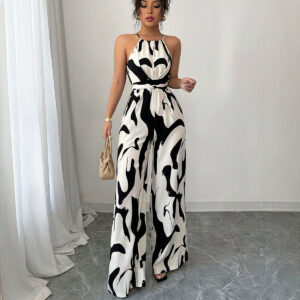 Combinaison à col licou pour le commerce international transfrontalier  Combinaison d'été à col licou, style européen et américain, motif « Milk », à nouer, pour femme