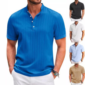 T-shirt d'été à col montant et boutons, manches courtes, couleur unie ou rayé, polo, vêtements de plage décontractés et tendance pour homme