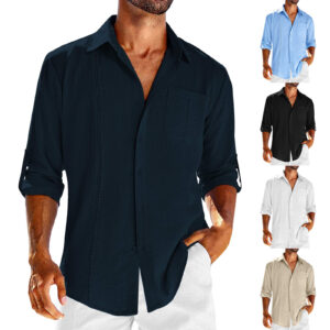 Chemise décontractée à manches longues, col polo en dentelle avec poche, couleur unie, boutonnée – Vêtements pour homme