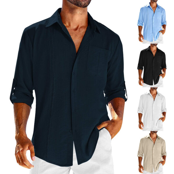 Chemise décontractée à manches longues, col polo en dentelle avec poche, couleur unie, boutonnée – Vêtements pour homme