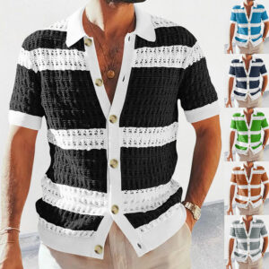 Mode de luxe estivale : nouvelle chemise en maille, polo homme à col roulé et manches courtes, cardigan coloré ajouré et respirant, manteau pour homme