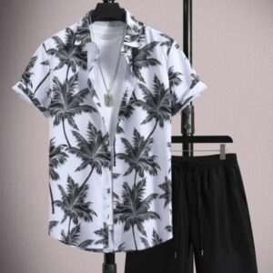 Ensemble homme décontracté : chemise à manches courtes en soie glacée micro-élastique imprimée et short