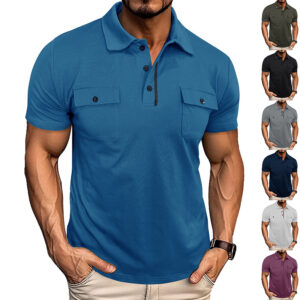 Polo d'été à boutons sur le col et poches – Vêtements de mode outdoor à manches courtes pour homme